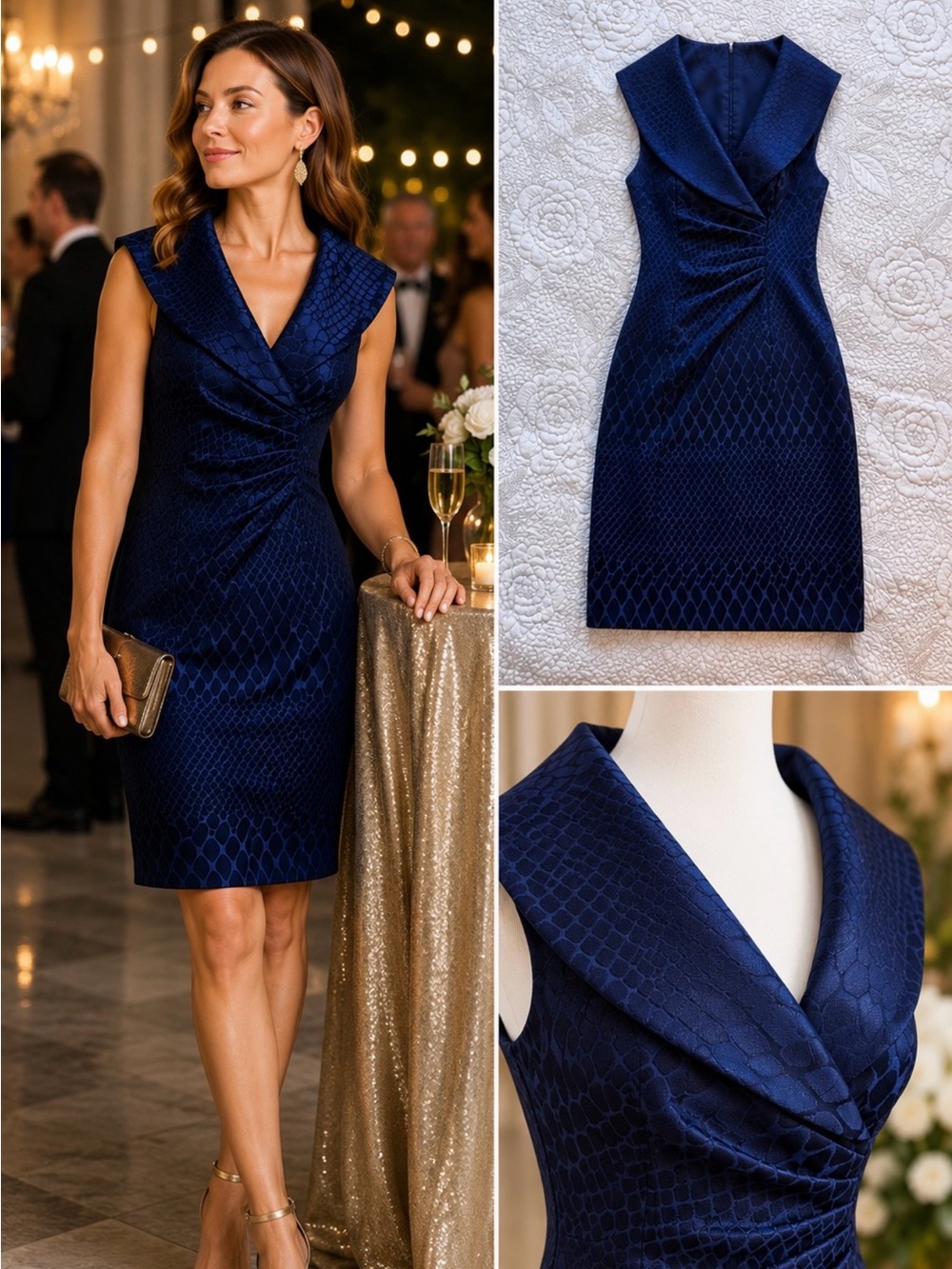 Kay Unger New York Navy Jacquard Portrait Collar Sheath Dress Sz 8💚